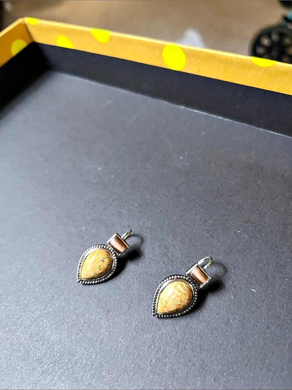Stone Drop Earrings in Brown & Silver Like New